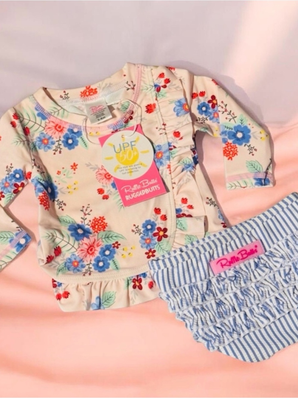 RuffleButts Floral Rash Guard Set - Cream & Blue NWT